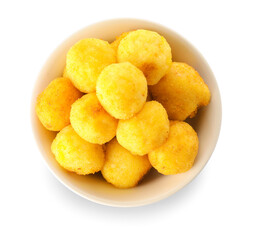 Bowl with fried potato balls on white background