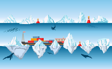 Container Ship Floating in Ocean with Icebergs and Whales. Arctic or Antarctic Research, Sea Logistics, Vessel in Risk - obrazy, fototapety, plakaty