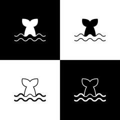 Set Whale tail in ocean wave icon isolated on black and white background. Vector
