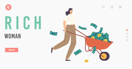 Rich Woman Landing Page Template. Millionaire Businesswoman Character with Money Wheelbarrow Full of Gold and Dollars