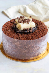 Banana and chocolate cake on a white background