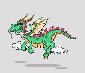 Cute dragon flying with small clouds, cartoon fire dragon kingdom legend