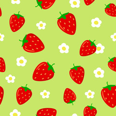 Seamless pattern with Bright red strawberries and strawberry flower on green background.
