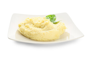 Plate with tasty mashed potatoes on white background