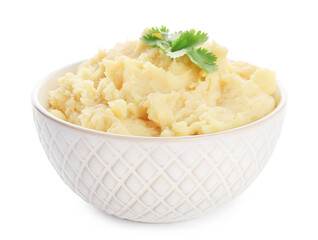 Bowl with tasty mashed potatoes on white background