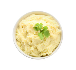 Bowl with tasty mashed potatoes on white background