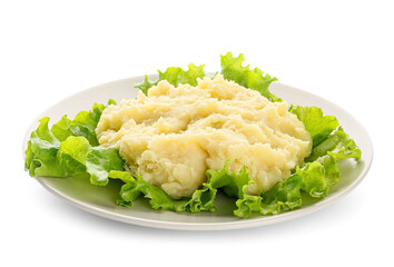 Plate with tasty mashed potatoes on white background
