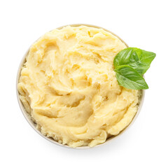 Bowl with tasty mashed potatoes on white background