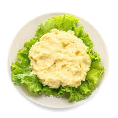 Plate with tasty mashed potatoes on white background