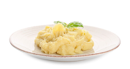 Plate with tasty mashed potatoes on white background
