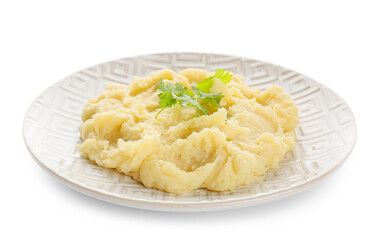 Plate with tasty mashed potatoes on white background