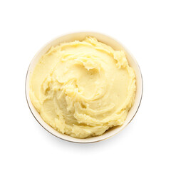 Bowl with tasty mashed potatoes on white background