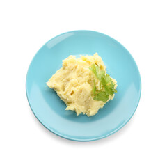 Plate with tasty mashed potatoes on white background