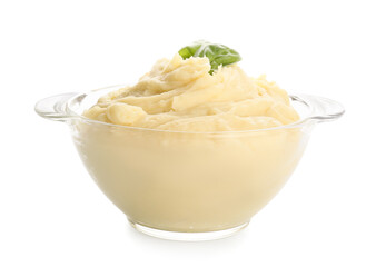 Pot with tasty mashed potatoes on white background