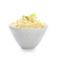 Bowl with tasty mashed potatoes on white background