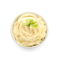 Bowl with tasty mashed potatoes on white background