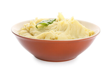 Bowl with tasty mashed potatoes on white background