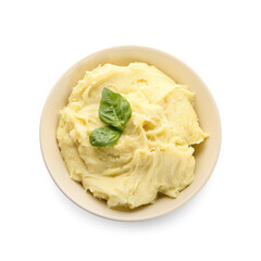 Bowl with tasty mashed potatoes on white background