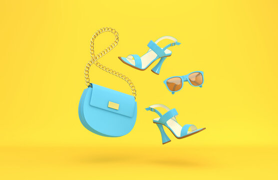 Blue women's bag, high heels, sunglasses flying over yellow background