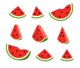 Set flat illustration watermelon slice. Half watermelon with seeds.