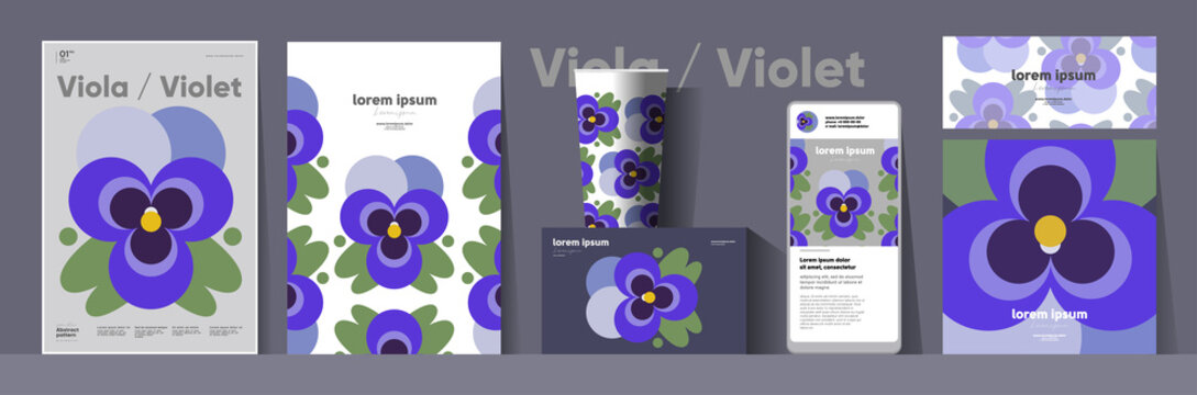 Flowers and plants. Viola. Corporate identity. Set of vector illustrations. Floral background pattern. Design of cup, poster, banner, packaging, price tag and cover.