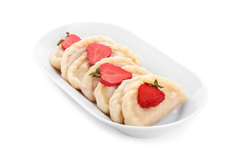 Plate with tasty dumplings and strawberry on white background