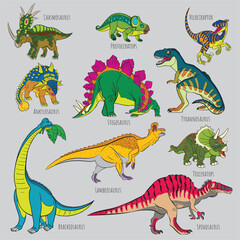 Icons of prehistoric reptile monsters. Outline of Triceratops and Brachiosaurus, Tyrannosaurus and Stegosaurus, Spinosaurus and Velociraptor, Ankylosaurus and Tyrannosaurus, Hasmosaurus and Lambeosaur © Оксана Чумакова