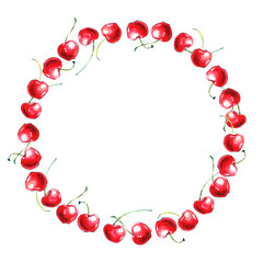 Round frame, border of watercolor single Cherries. Hand drawn bright decoration, images of berry in sketch style