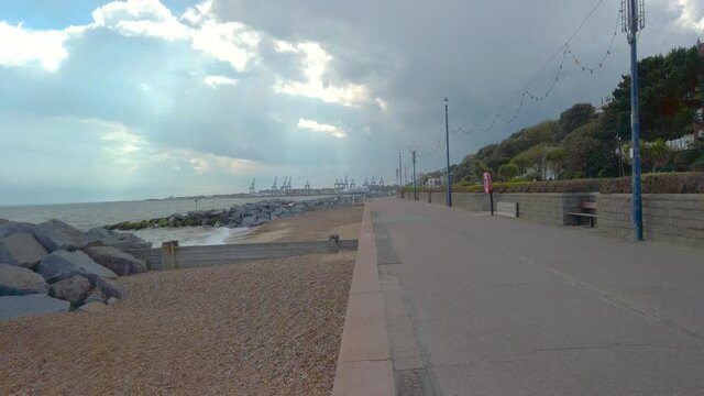 Bleak monsoon gloomy weather at Lowestoft north sea coast rock beach 