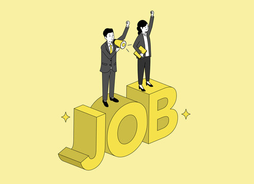 JOBの文字の上に立つビジネスパーソン、就職・転職のイメージ、シンプルな3Dイラスト、ベクター
