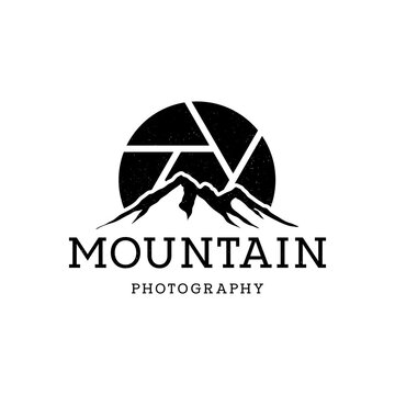 Mountain Landscape with Symbol Lens for Outdoor Nature Photography Adventure Photographer Logo Design