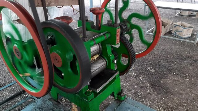 The machine of sugar cane making sugarcane juice.
