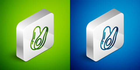 Isometric line Avocado fruit icon isolated on green and blue background. Silver square button. Vector