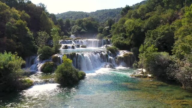 Aerial view of amazing Skradinski buk waterfall in Krka National Park, Croatia. Drone shot