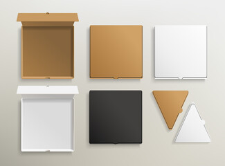 White and black pizza cardboard box set blank Mockup isolated on grey. Empty pizza slice box top view mockup template for. Realistic paper cardboard box