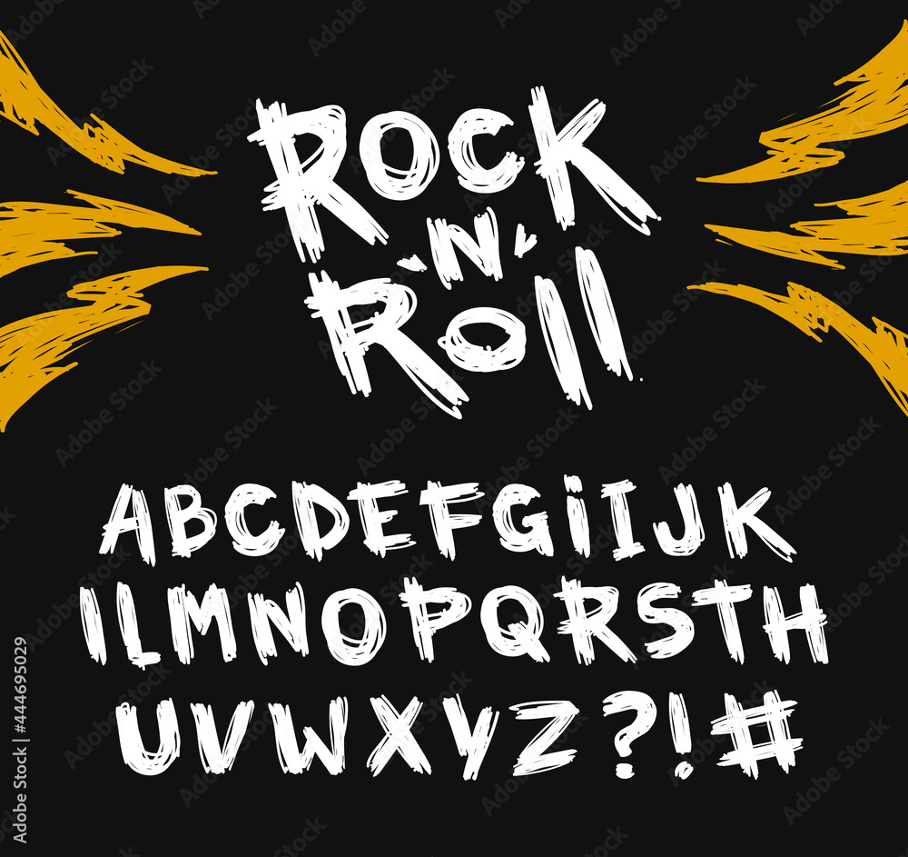 Poster rock n roll handwritten grunge font vector alphabet. set of rock n roll doodle style type font for p