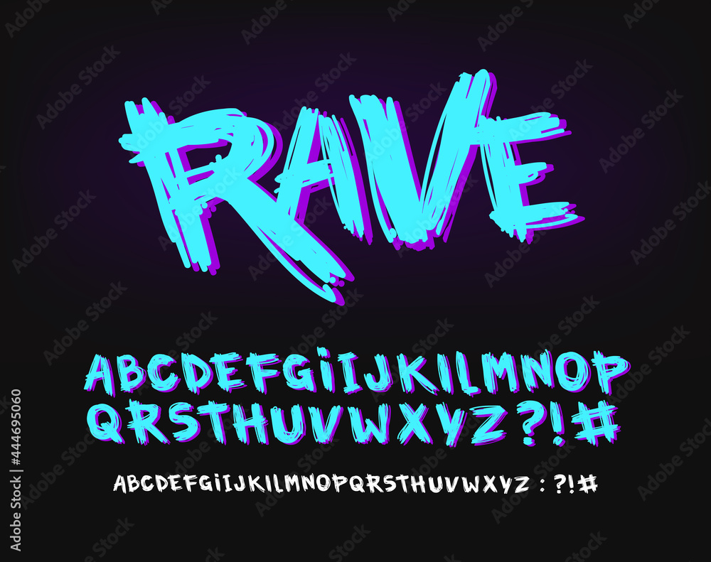 Poster rave cyberpunk brush style type font and vector doodle style alphabet. set for print tee and poster 