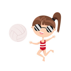 Cute little girl playing beach volleyball. Funny happy summer mascot character. Cool flat cartoon illustration about tropical sea vacation, weekend by the ocean, sports. A teenager catches a ball