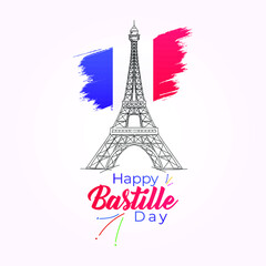Happy Bastille Day. France flag with Eiffel tower.