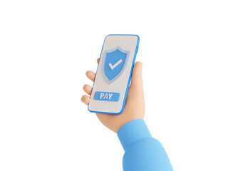 Secure online payment 3d render illustration with hand in blue sweater holding mobile phone with shield and pay button.