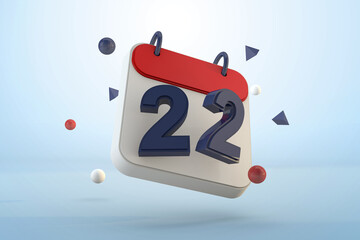 Calendar number 22 isolated template 3d render