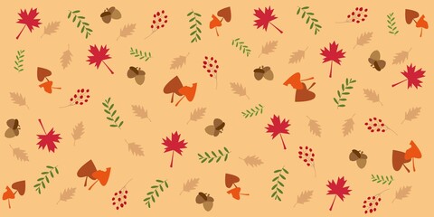 Autumn patter illustration. Colorful autumn leaves and fruits decoration on yellow background. Vector illustration.