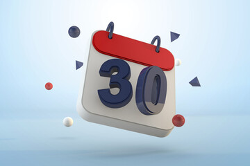 Calendar number 30 isolated template 3d render