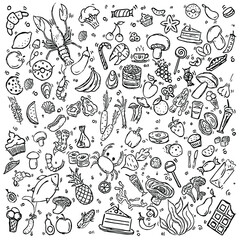 Set of icons on the theme of food. Food vector. Doodle vector with food icons on white background. 