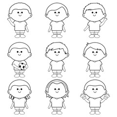 Children soccer team. Vector black and white coloring page.