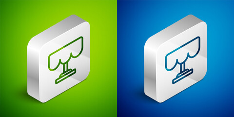 Isometric line Wooden table icon isolated on green and blue background. Street cafe. Silver square button. Vector