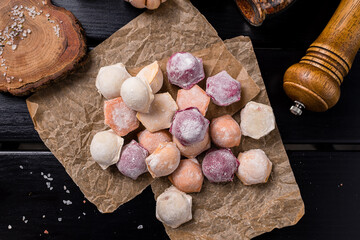 Texture of frozen dumplings. Heap of russian traditional vareniki