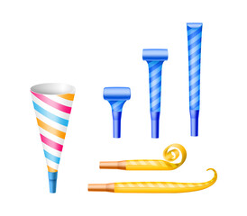 Set of party noisemakers: paper horn cones and blower whistles for event surprise celebration
