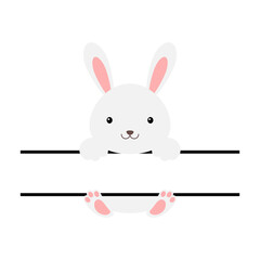 Cute bunny split monogram. Funny cartoon character for shirt, scrapbooking, print, greeting cards, baby shower, invitation, home decor. Bright colored childish stock vector illustration.