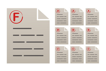 Set of grades on paper.  Exam result score. Illustration vector